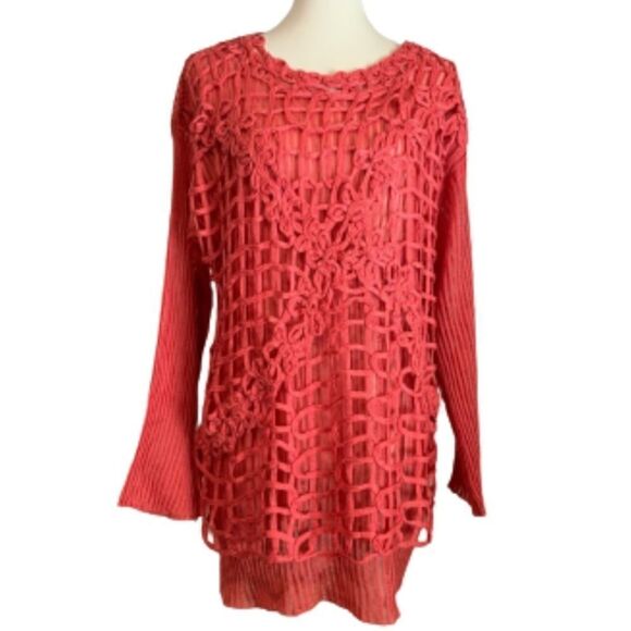 VTG Coral Sheer Floral Overlay Sweater OS Sonia - Picture 2 of 16